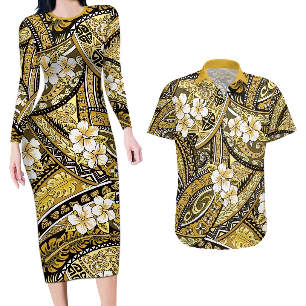 Polynesian Hibiscus Tropical Yellow Floral Couples Matching Long Sleeve Bodycon Dress and Hawaiian Shirt Tribal Pattern - Polynesian Pride