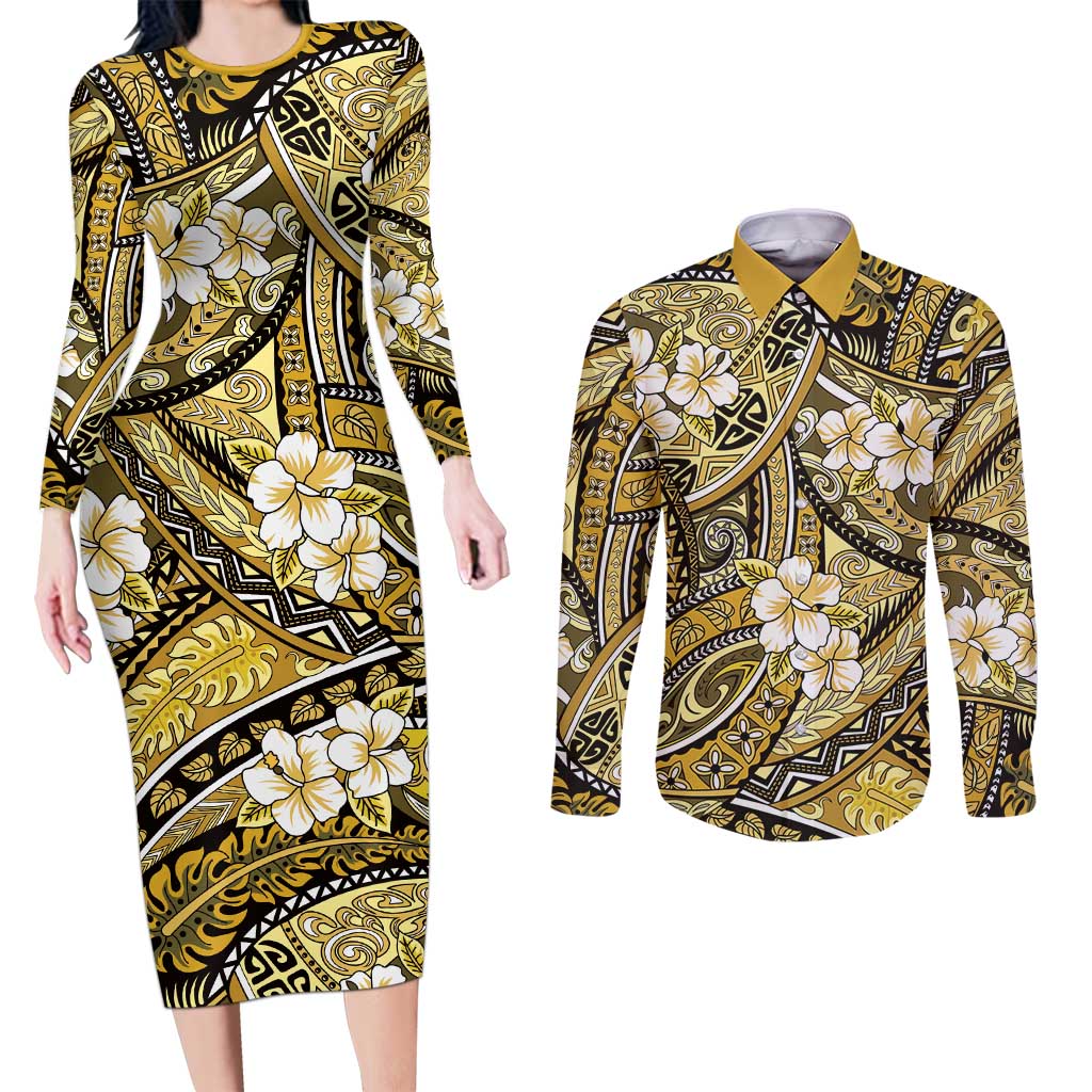 Polynesian Hibiscus Tropical Yellow Floral Couples Matching Long Sleeve Bodycon Dress and Long Sleeve Button Shirt Tribal Pattern - Polynesian Pride