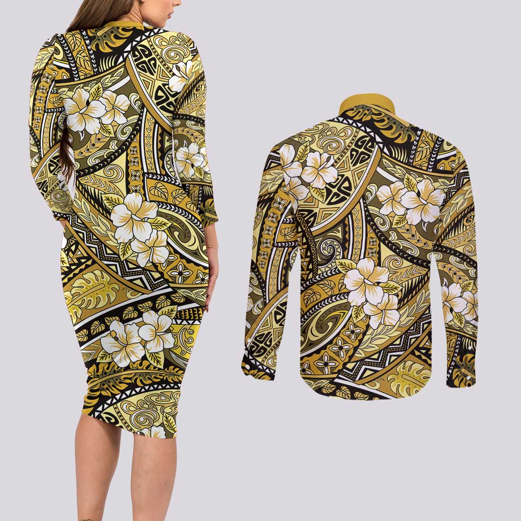 Polynesian Hibiscus Tropical Yellow Floral Couples Matching Long Sleeve Bodycon Dress and Long Sleeve Button Shirt Tribal Pattern - Polynesian Pride