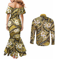 Polynesian Hibiscus Tropical Yellow Floral Couples Matching Mermaid Dress and Long Sleeve Button Shirt Tribal Pattern LT01 - Polynesian Pride