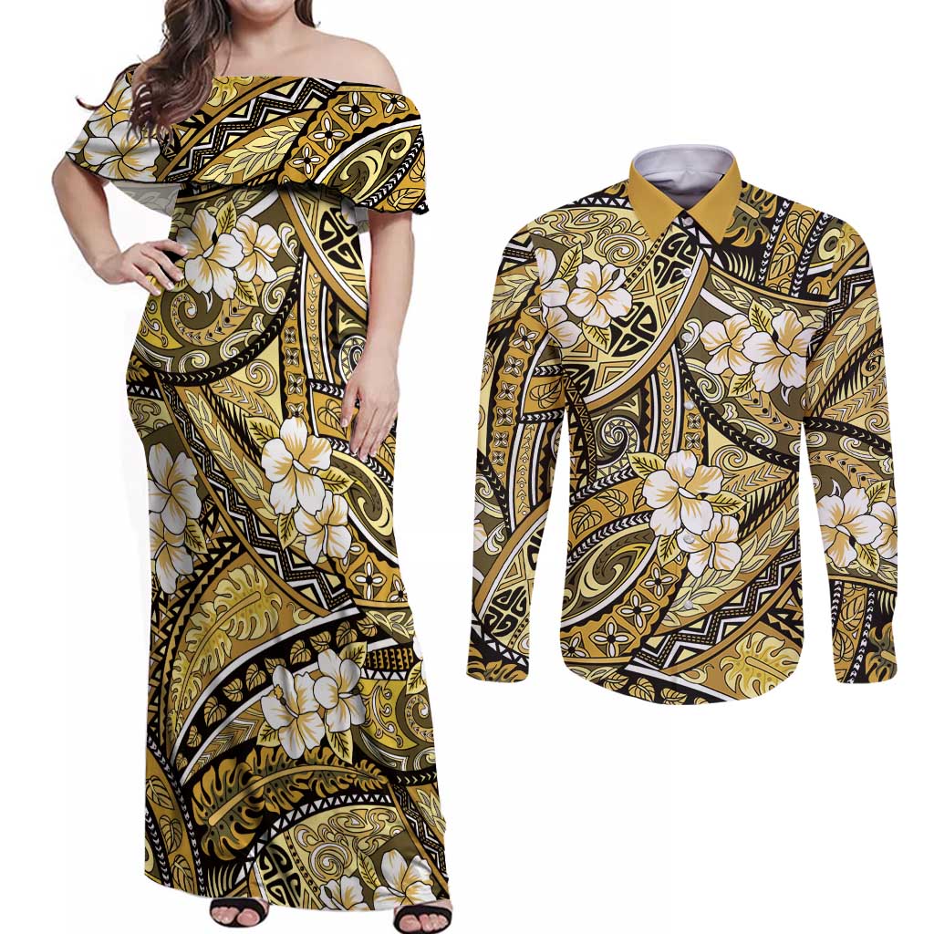 Polynesian Hibiscus Tropical Yellow Floral Couples Matching Off Shoulder Maxi Dress and Long Sleeve Button Shirt Tribal Pattern LT01 Yellow - Polynesian Pride