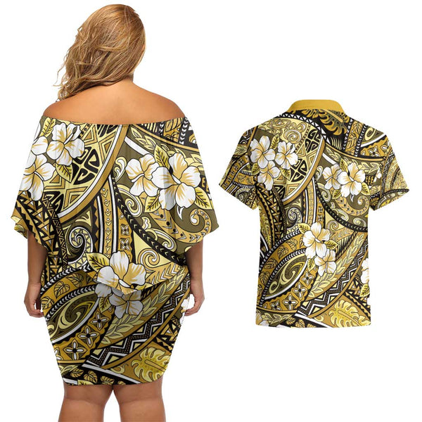 Polynesian Pride Off Shoulder Short Dress Turtle Hibiscus Luxury Style - Beige LT7 main image 0