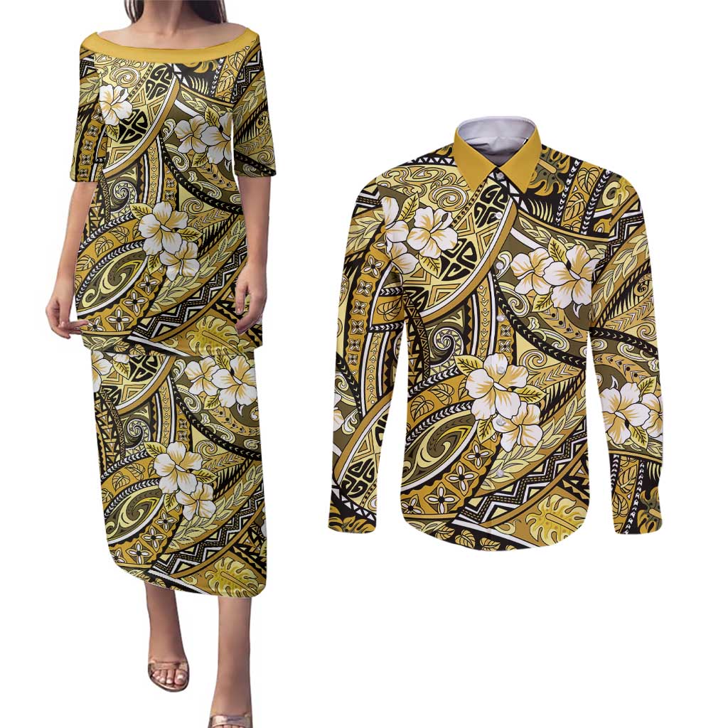 Polynesian Hibiscus Tropical Yellow Floral Couples Matching Puletasi and Long Sleeve Button Shirt Tribal Pattern LT01 Yellow - Polynesian Pride