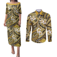 Polynesian Hibiscus Tropical Yellow Floral Couples Matching Puletasi and Long Sleeve Button Shirt Tribal Pattern LT01 Yellow - Polynesian Pride
