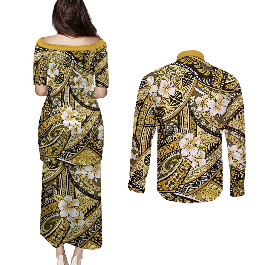 Polynesian Hibiscus Tropical Yellow Floral Couples Matching Puletasi and Long Sleeve Button Shirt Tribal Pattern LT01 - Polynesian Pride