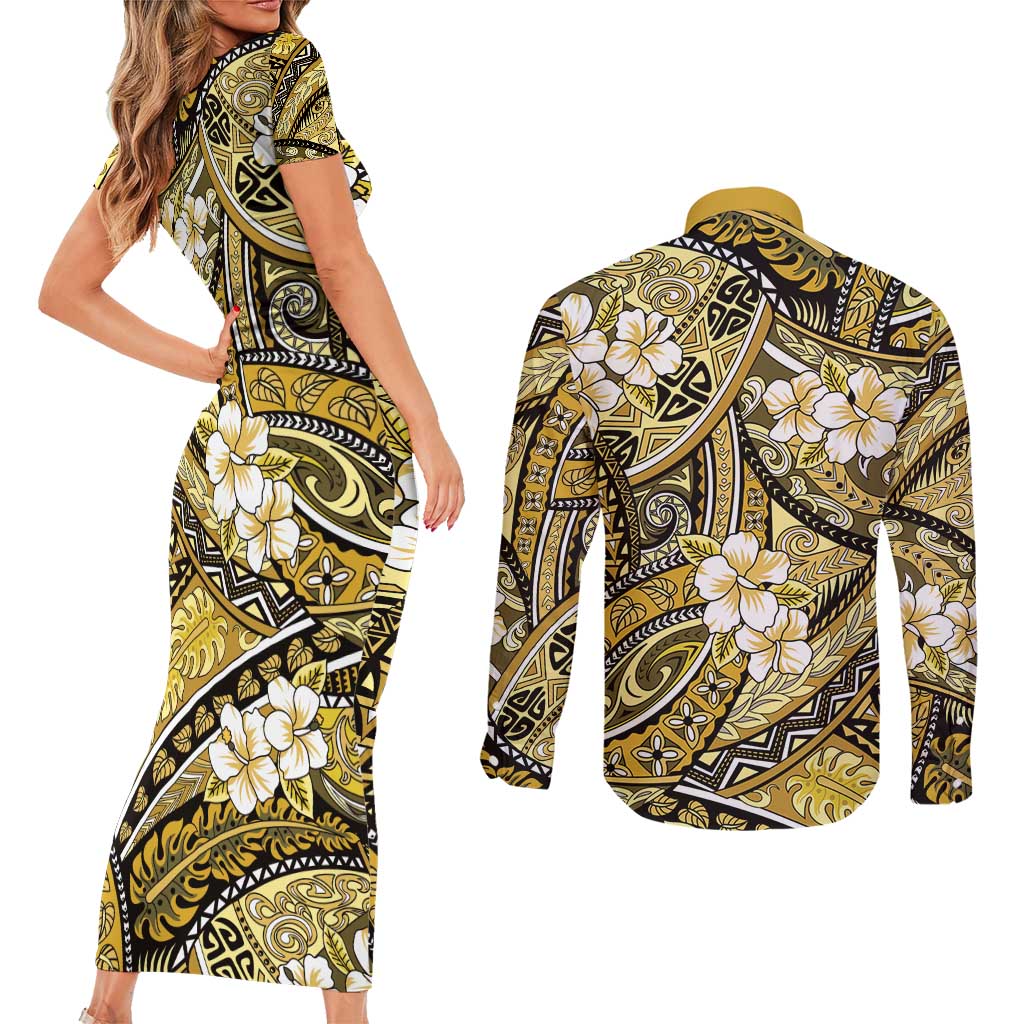 Polynesian Hibiscus Tropical Yellow Floral Couples Matching Short Sleeve Bodycon Dress and Long Sleeve Button Shirt Tribal Pattern - Polynesian Pride