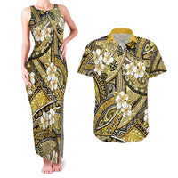 Polynesian Hibiscus Tropical Yellow Floral Couples Matching Tank Maxi Dress and Hawaiian Shirt Tribal Pattern - Polynesian Pride