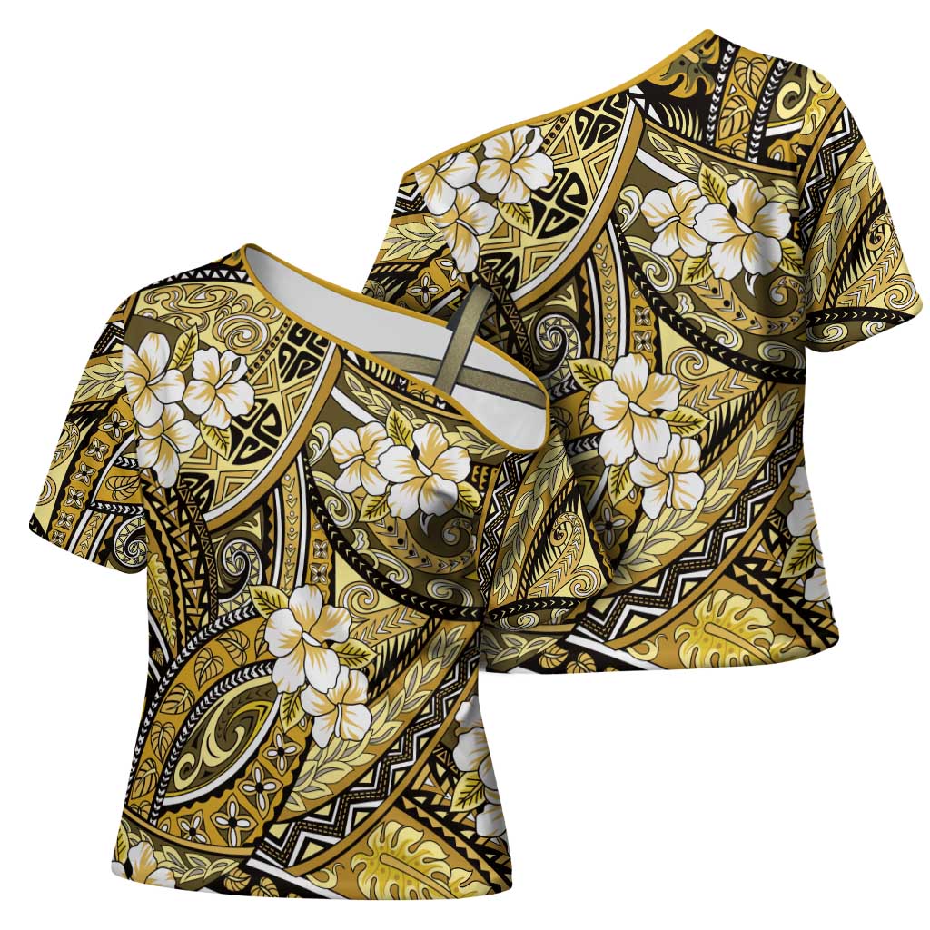 Polynesian Hibiscus Tropical Yellow Floral Cross Shoulder Shirt Tribal Pattern - Polynesian Pride