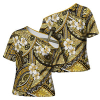 Polynesian Hibiscus Tropical Yellow Floral Cross Shoulder Shirt Tribal Pattern - Polynesian Pride