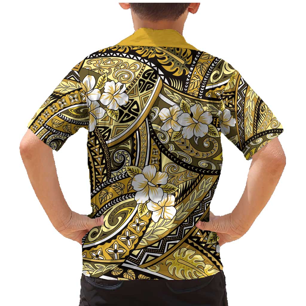 Polynesian Hibiscus Tropical Yellow Floral Family Matching Mermaid Dress and Hawaiian Shirt Tribal Pattern - Polynesian Pride