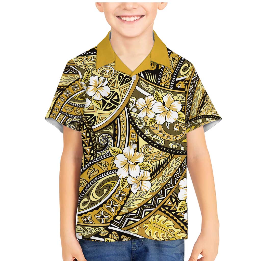 Polynesian Hibiscus Tropical Yellow Floral Family Matching Mermaid Dress and Hawaiian Shirt Tribal Pattern - Polynesian Pride