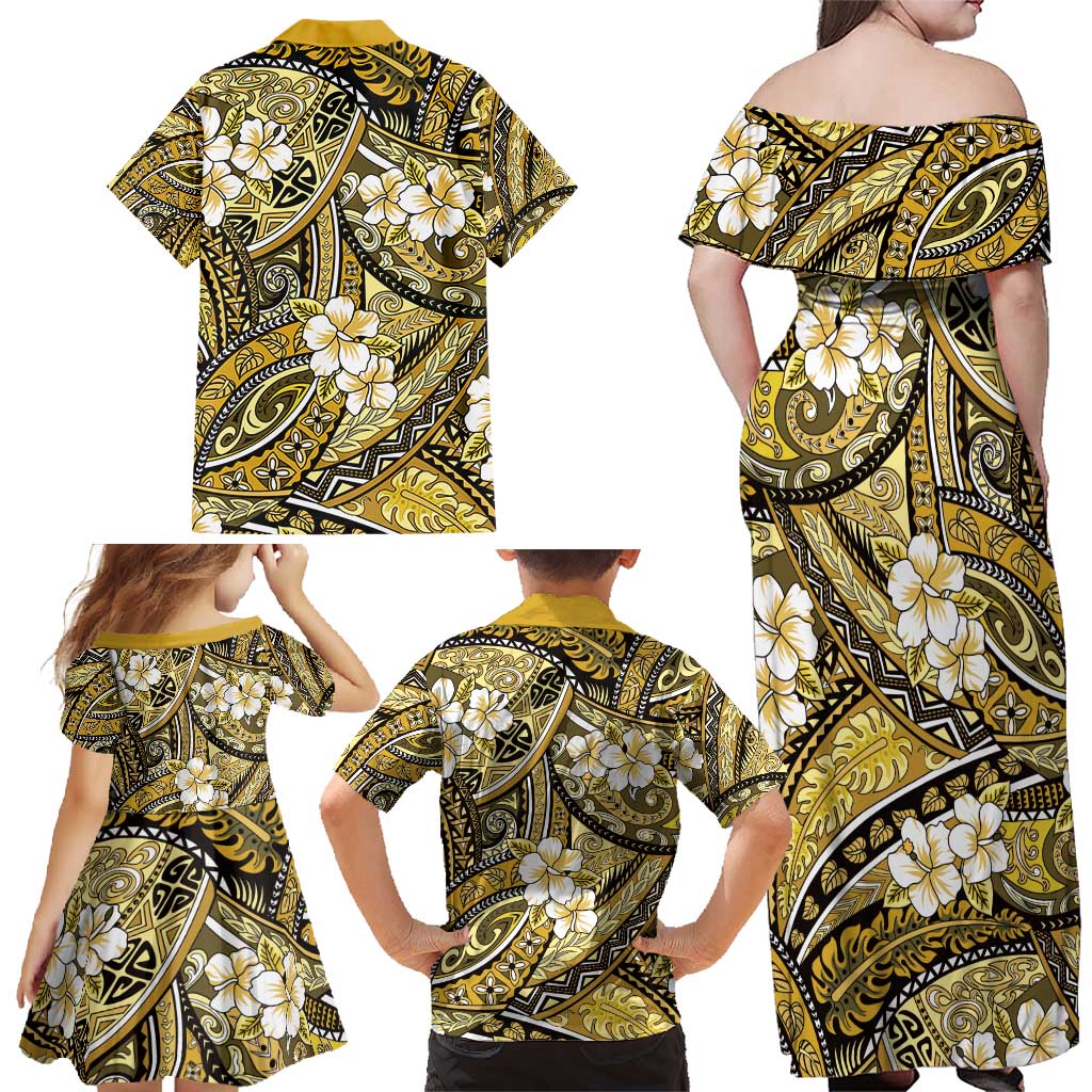 Polynesian Hibiscus Tropical Yellow Floral Family Matching Off Shoulder Maxi Dress and Hawaiian Shirt Tribal Pattern - Polynesian Pride