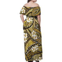 Polynesian Hibiscus Tropical Yellow Floral Family Matching Off Shoulder Maxi Dress and Hawaiian Shirt Tribal Pattern - Polynesian Pride