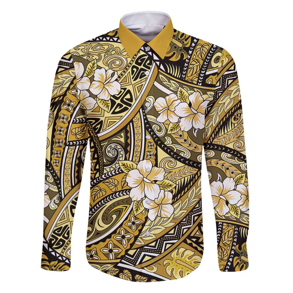 Polynesian Hibiscus Tropical Yellow Floral Family Matching Off Shoulder Short Dress and Hawaiian Shirt Tribal Pattern - Polynesian Pride