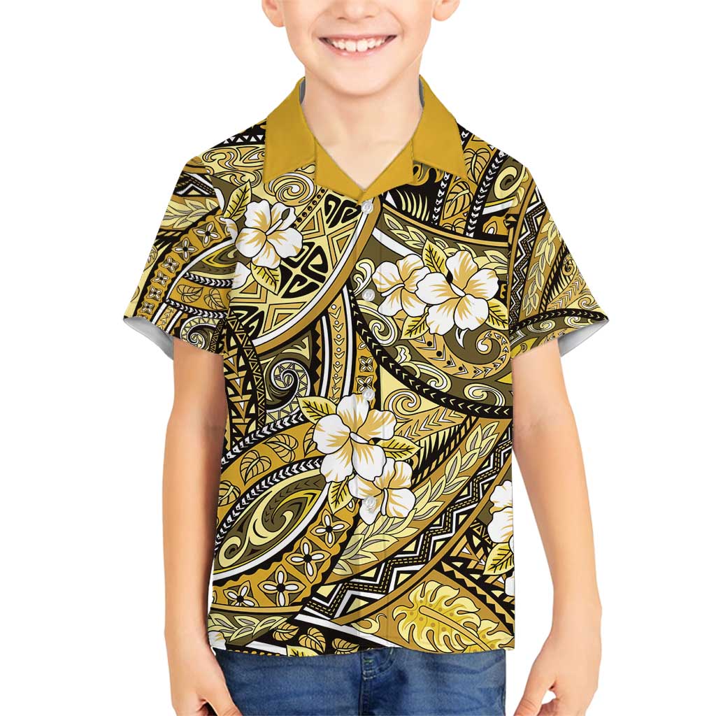 Polynesian Hibiscus Tropical Yellow Floral Family Matching Off Shoulder Short Dress and Hawaiian Shirt Tribal Pattern - Polynesian Pride