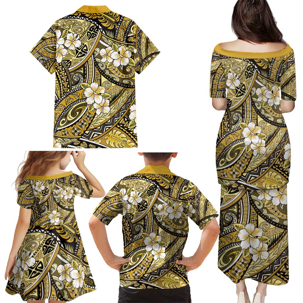 Polynesian Hibiscus Tropical Yellow Floral Family Matching Puletasi and Hawaiian Shirt Tribal Pattern - Polynesian Pride