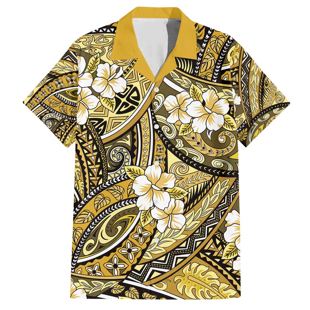 Polynesian Hibiscus Tropical Yellow Floral Family Matching Puletasi and Hawaiian Shirt Tribal Pattern - Polynesian Pride