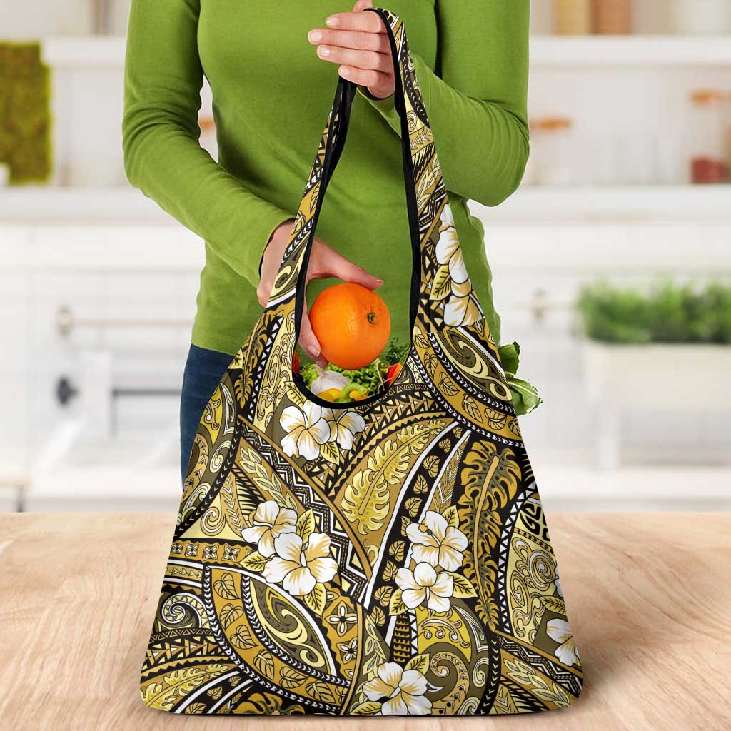 Polynesian Hibiscus Tropical Yellow Floral Grocery Bag Tribal Pattern - Polynesian Pride