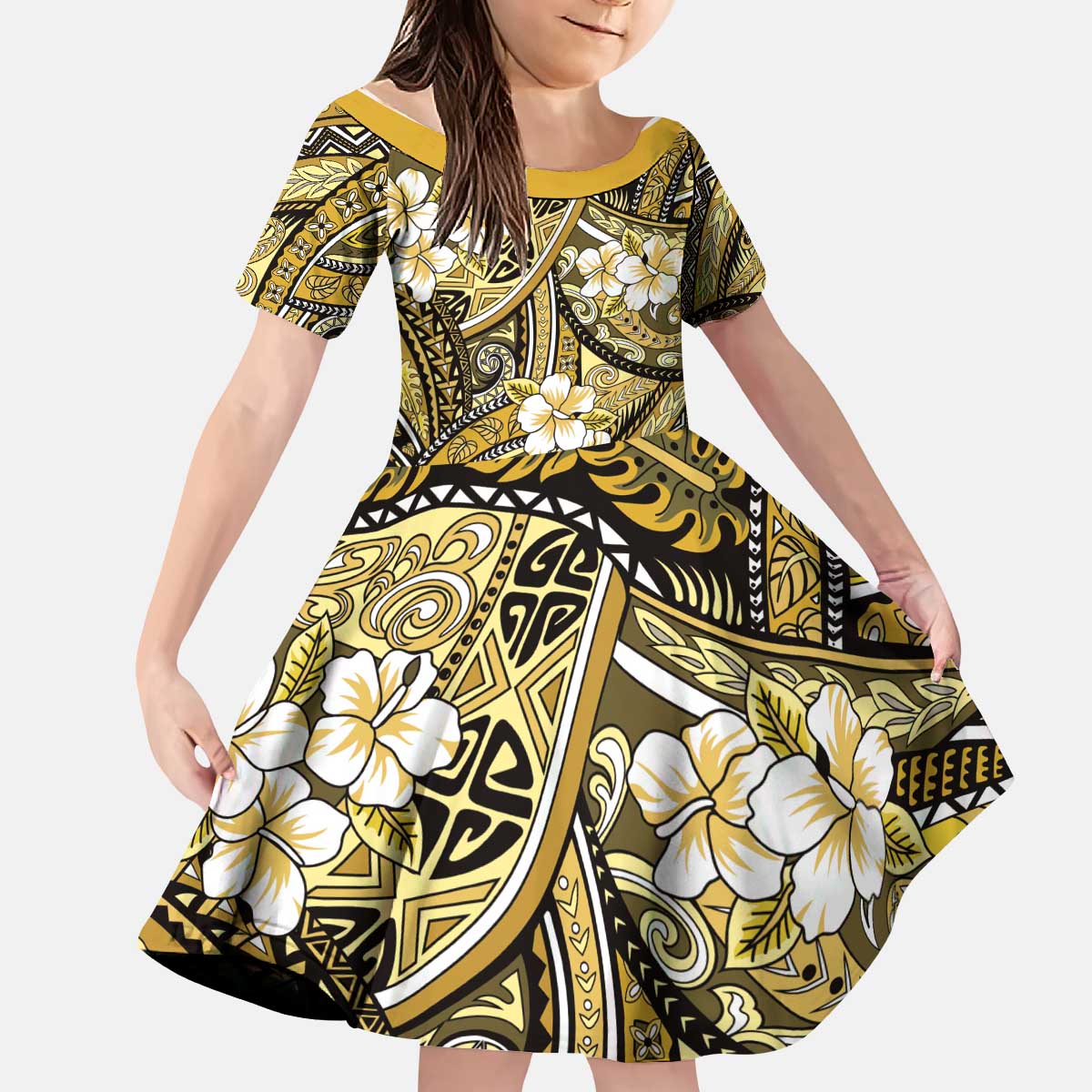 Polynesian Hibiscus Tropical Yellow Floral Kid Short Sleeve Dress Tribal Pattern - Polynesian Pride