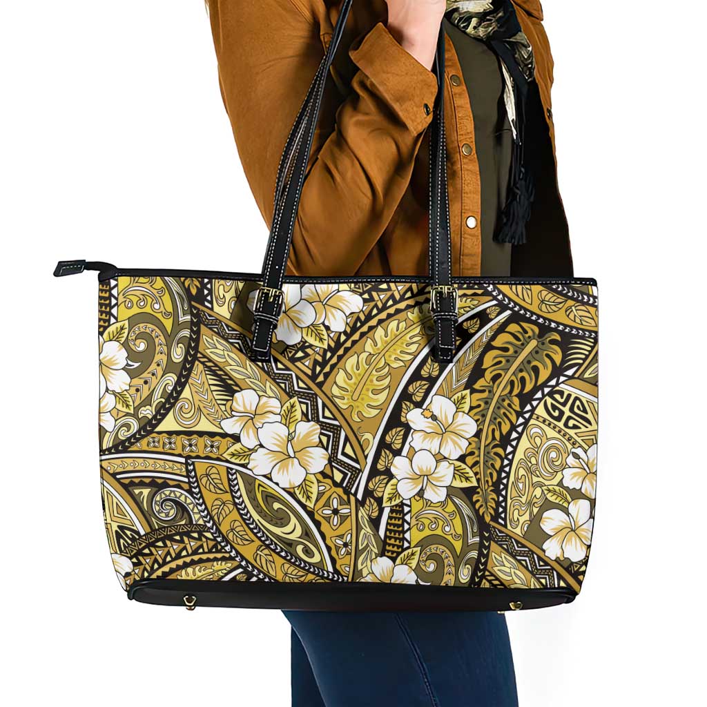 Polynesian Hibiscus Tropical Yellow Floral Leather Tote Bag Tribal Pattern - Polynesian Pride