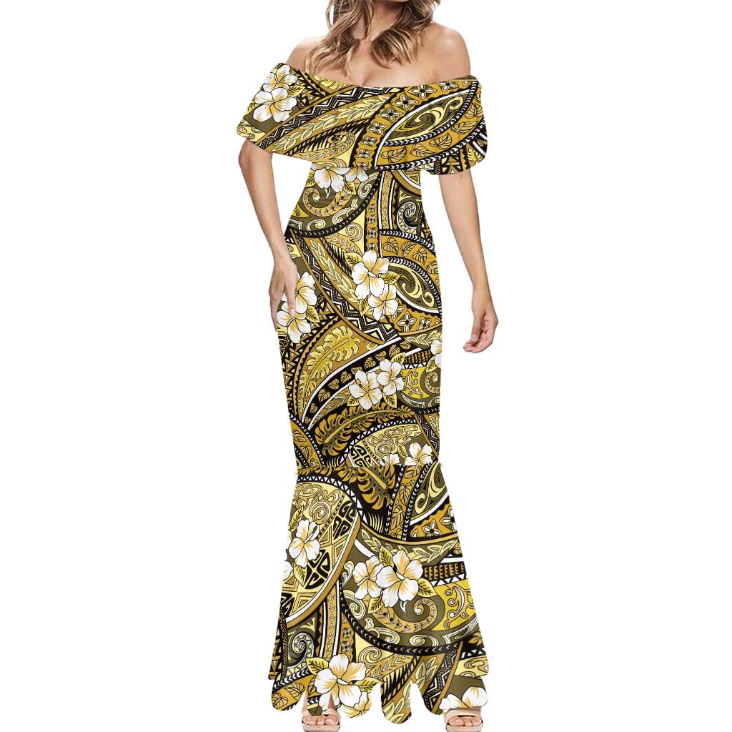 Polynesian Hibiscus Tropical Yellow Floral Mermaid Dress Tribal Pattern - Polynesian Pride