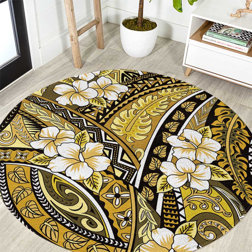 Polynesian Hibiscus Tropical Yellow Floral Round Carpet Tribal Pattern LT01 Yellow - Polynesian Pride