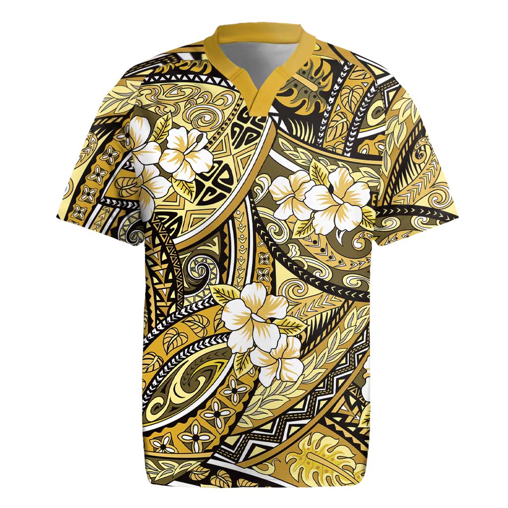 Polynesian Hibiscus Tropical Yellow Floral Rugby Jersey Tribal Pattern - Polynesian Pride