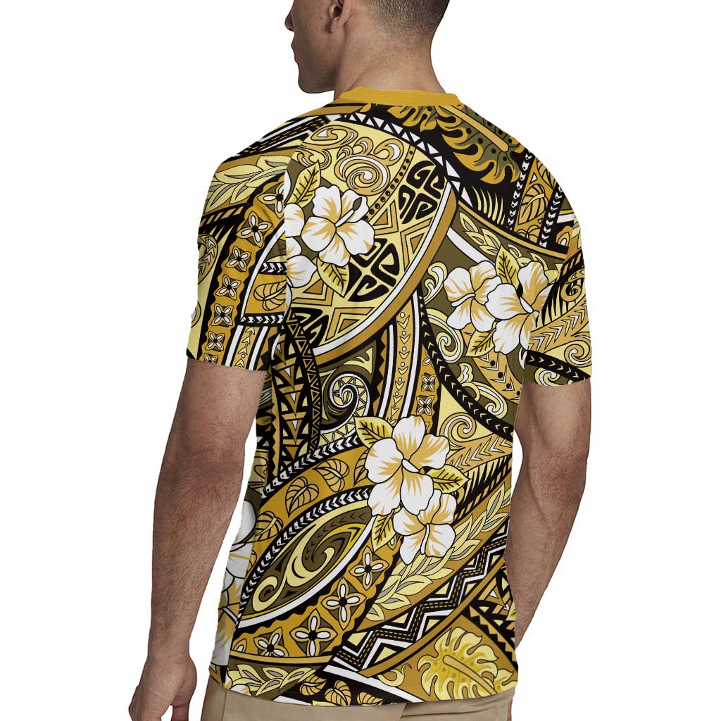Polynesian Hibiscus Tropical Yellow Floral Rugby Jersey Tribal Pattern - Polynesian Pride
