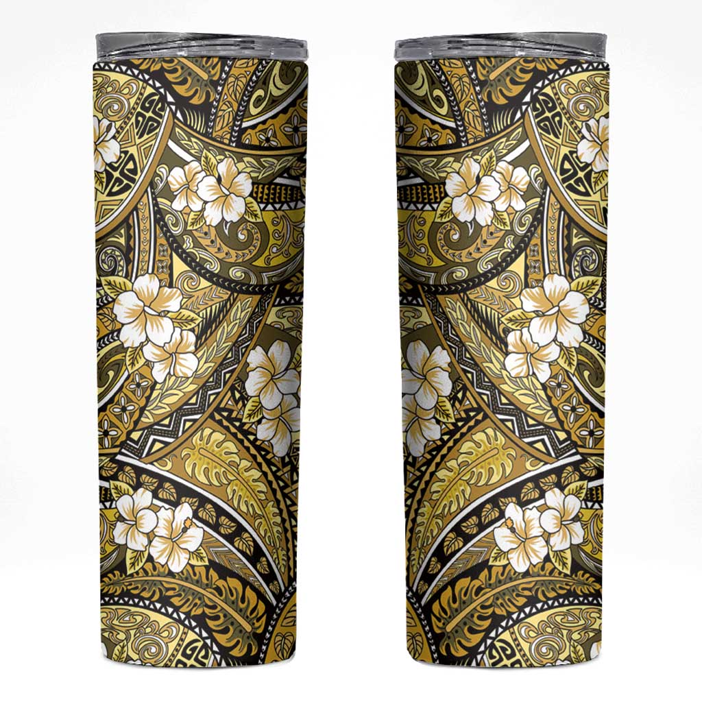 Polynesian Hibiscus Tropical Yellow Floral Skinny Tumbler Tribal Pattern - Polynesian Pride