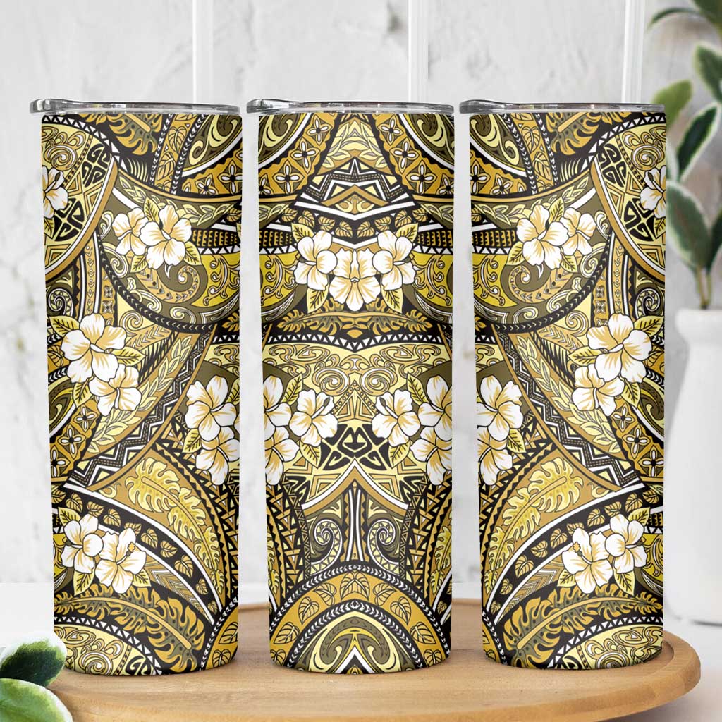 Polynesian Hibiscus Tropical Yellow Floral Skinny Tumbler Tribal Pattern - Polynesian Pride