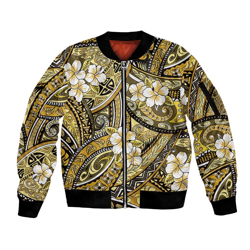 Polynesian Hibiscus Tropical Yellow Floral Sleeve Zip Bomber Jacket Tribal Pattern LT01 Unisex Yellow - Polynesian Pride