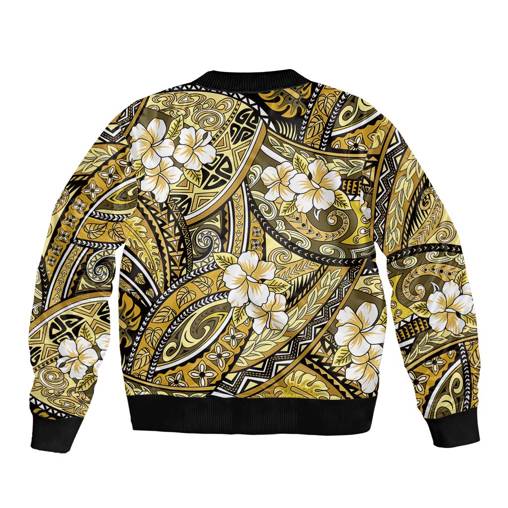 Polynesian Hibiscus Tropical Yellow Floral Sleeve Zip Bomber Jacket Tribal Pattern - Polynesian Pride