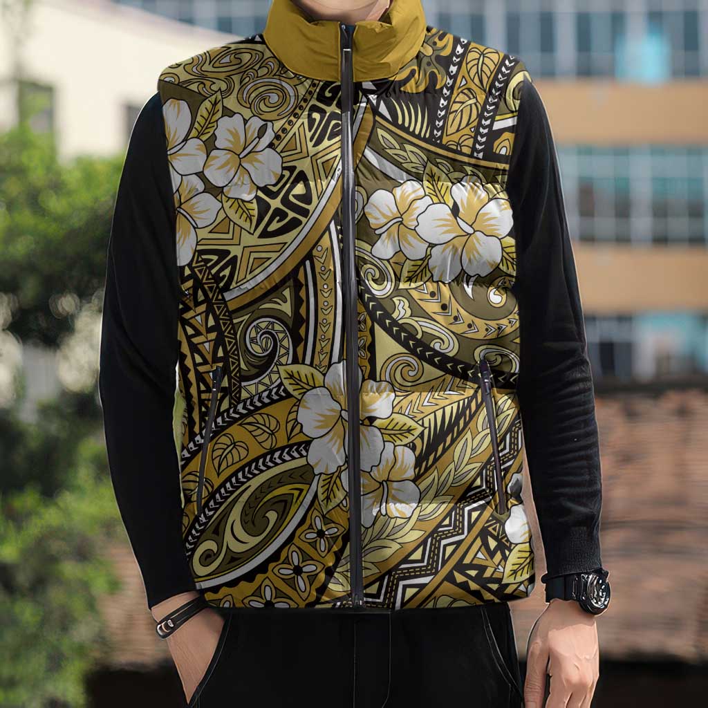 Polynesian Hibiscus Tropical Yellow Floral Sleeveless Puffer Jacket Tribal Pattern - Polynesian Pride