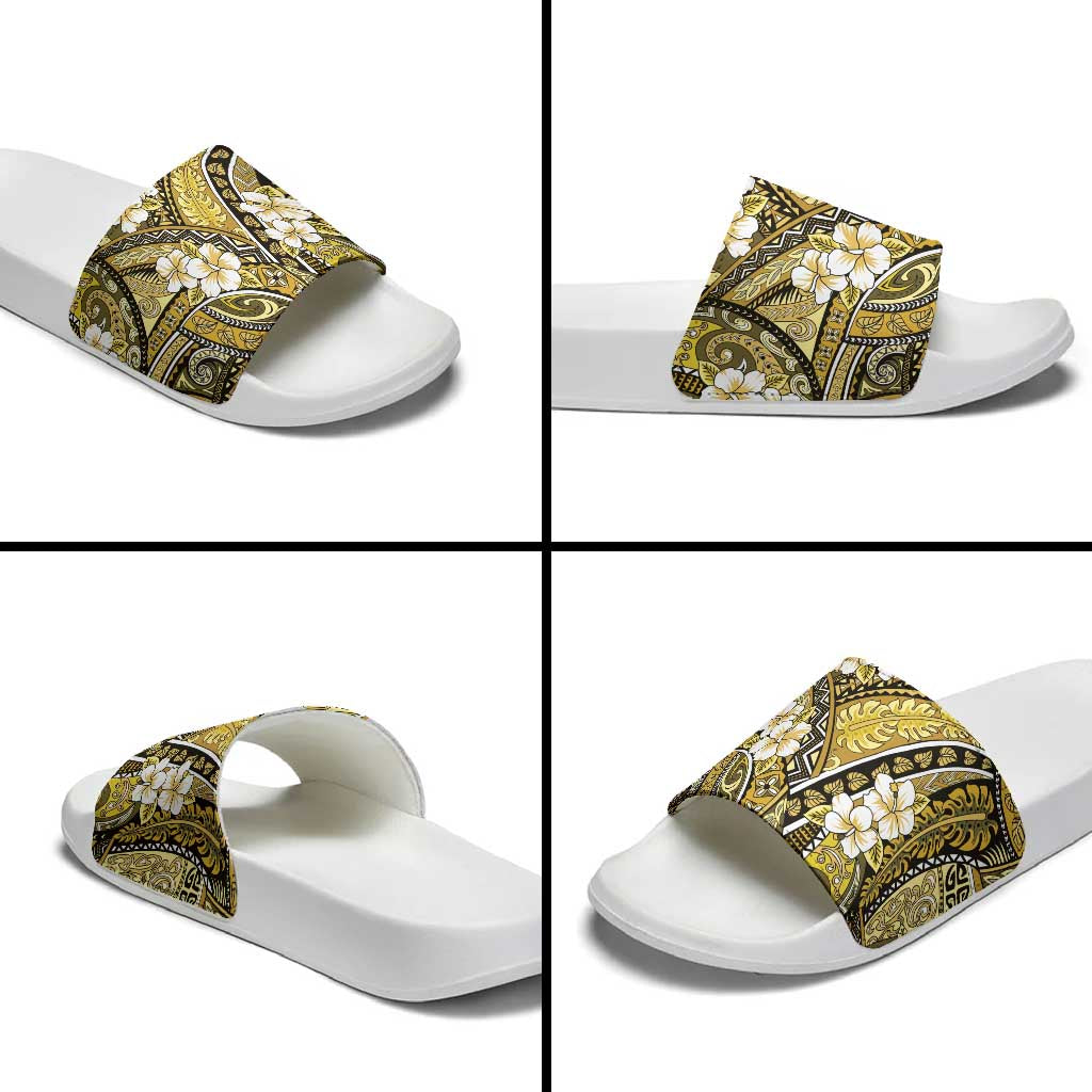 Polynesian Hibiscus Tropical Yellow Floral Slide Sandals Tribal Pattern - Polynesian Pride