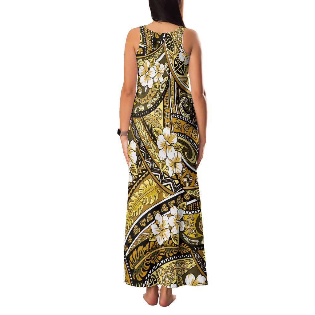 Polynesian Hibiscus Tropical Yellow Floral Tank Maxi Dress Tribal Pattern - Polynesian Pride