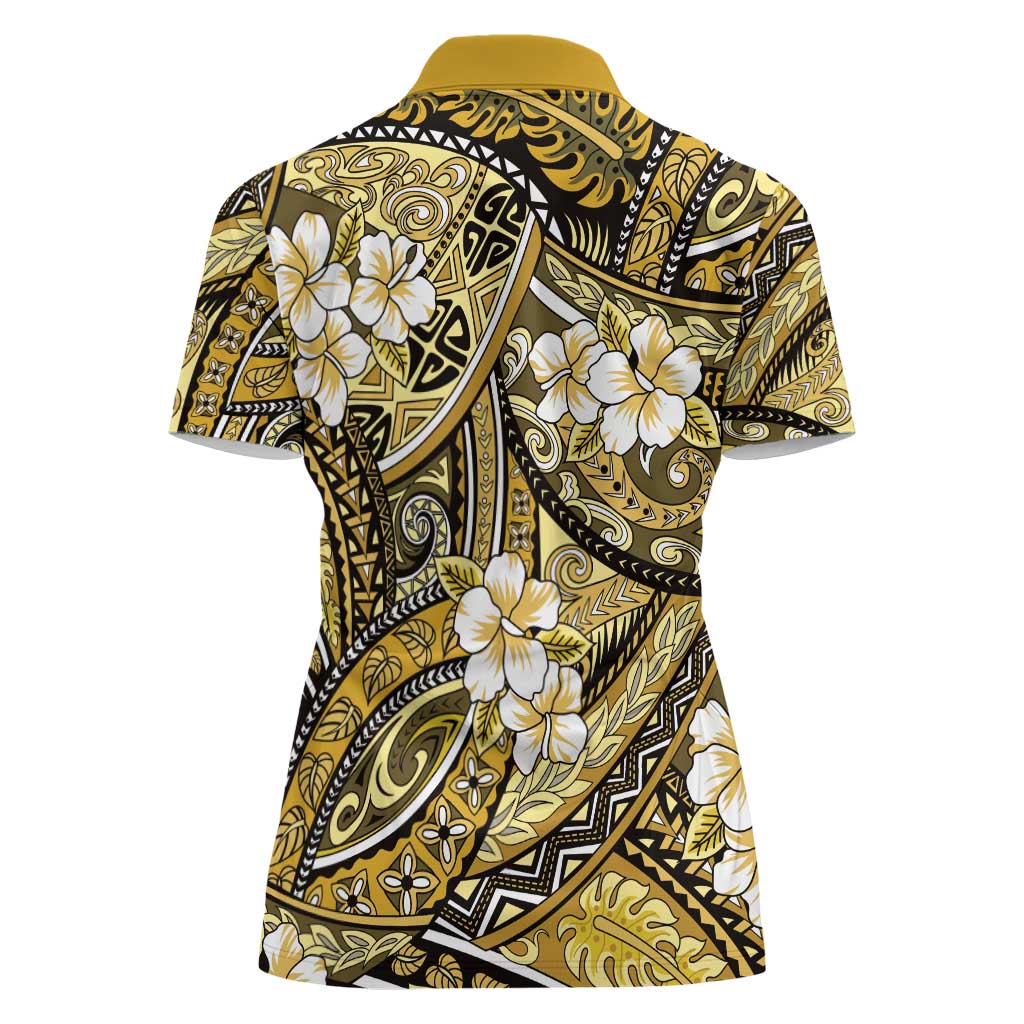 Polynesian Hibiscus Tropical Yellow Floral Women Polo Shirt Tribal Pattern - Polynesian Pride