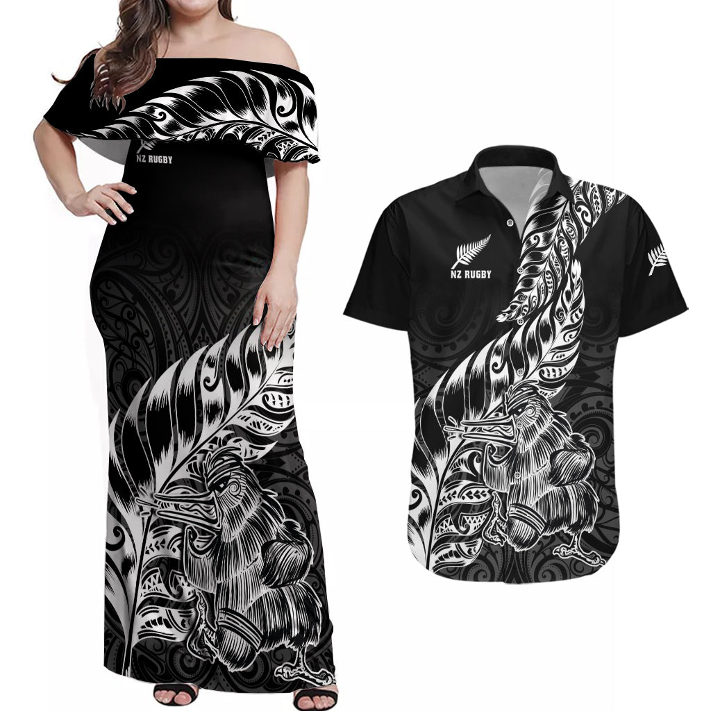 New Zealand Silver Fern Rugby Couples Matching Off Shoulder Maxi Dress and Hawaiian Shirt Aotearoa Kiwi Maori Black Version LT01 Black - Polynesian Pride