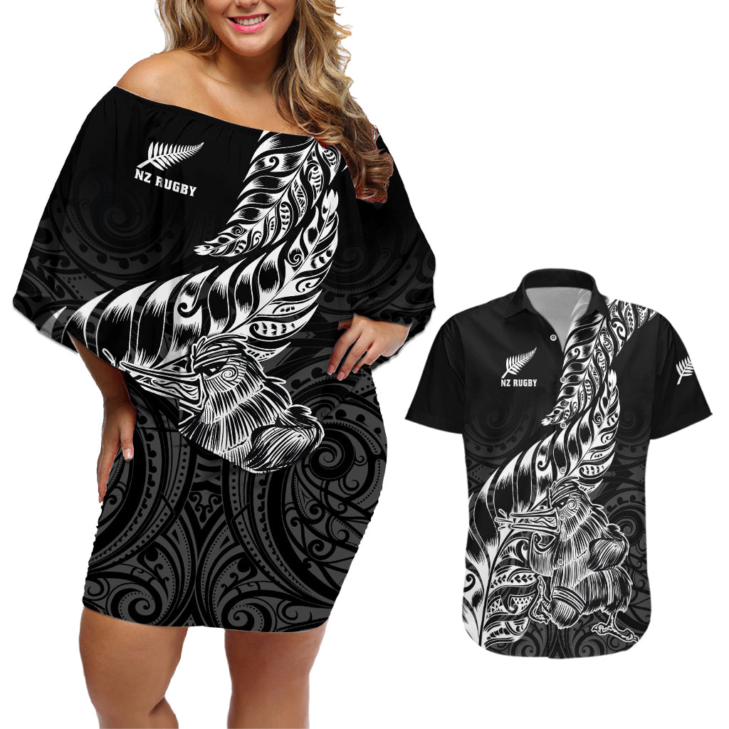 New Zealand Silver Fern Rugby Couples Matching Off Shoulder Short Dress and Hawaiian Shirt Aotearoa Kiwi Maori Black Version LT01 Black - Polynesian Pride