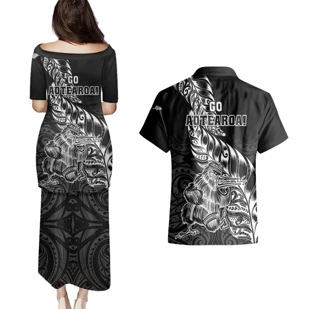 New Zealand Silver Fern Rugby Couples Matching Puletasi Dress and Hawaiian Shirt Aotearoa Kiwi Maori Black Version LT01 - Polynesian Pride