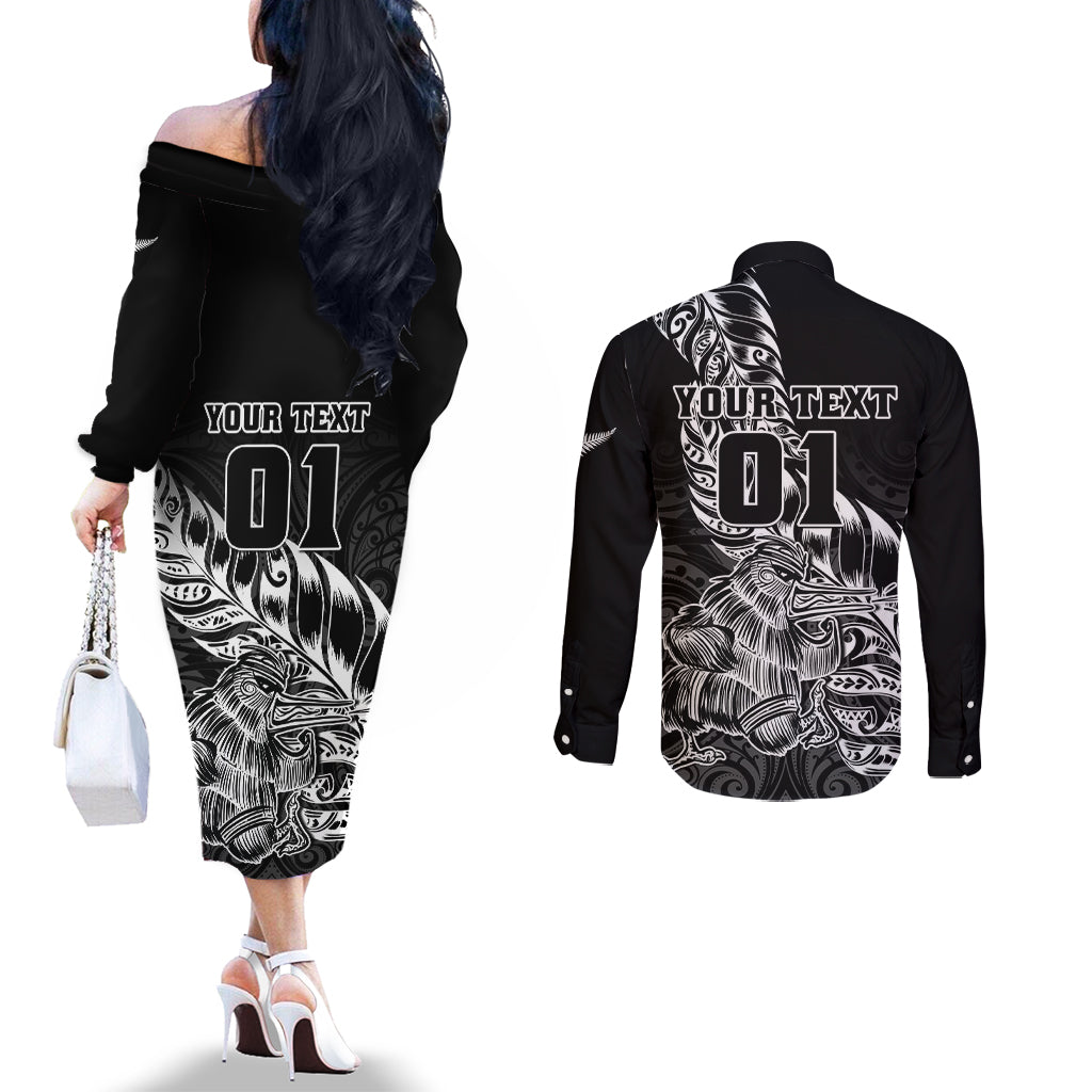 Custom New Zealand Silver Fern Rugby Couples Matching Off The Shoulder Long Sleeve Dress and Long Sleeve Button Shirts Aotearoa Kiwi Maori Black Version LT01 - Polynesian Pride