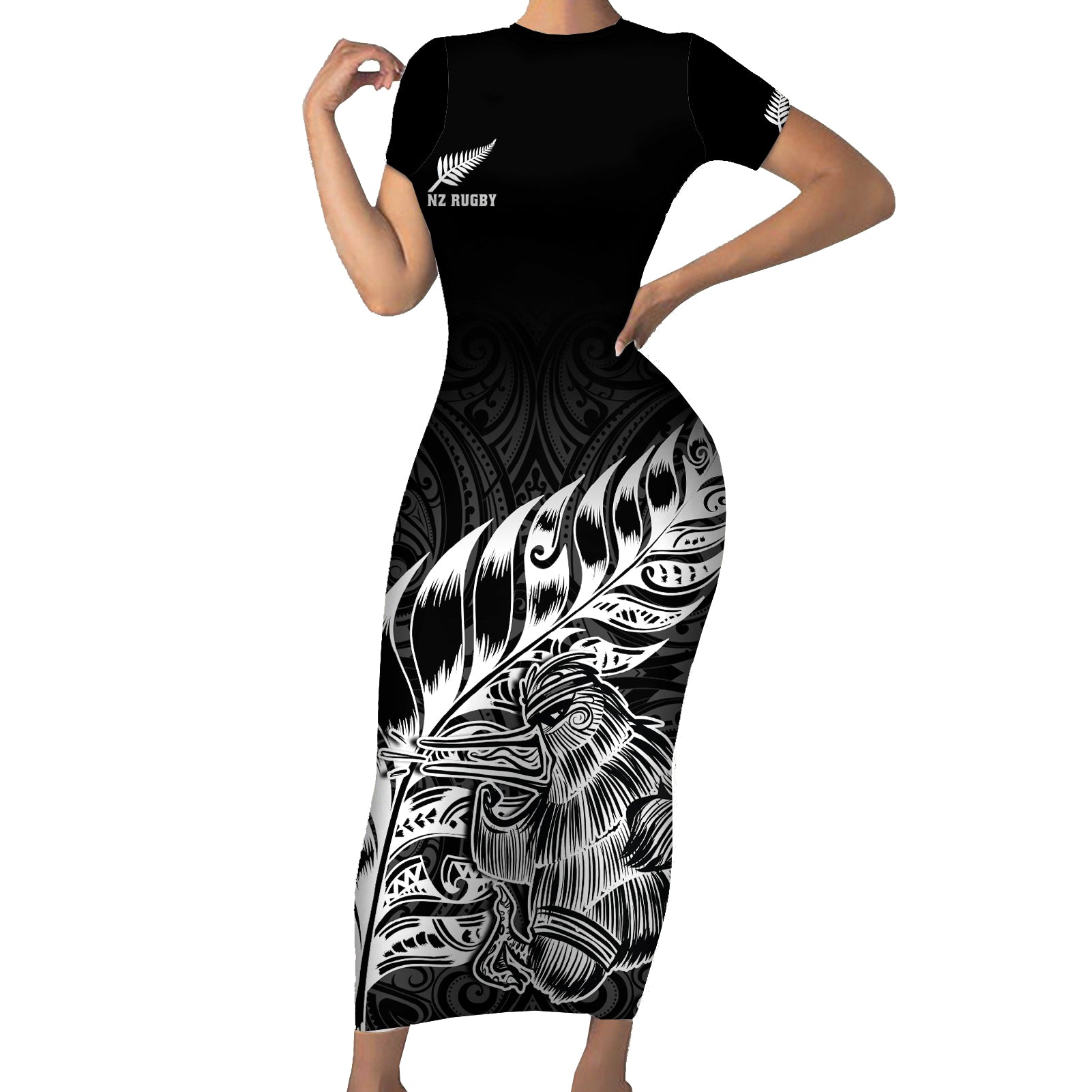 Custom New Zealand Silver Fern Rugby Short Sleeve Bodycon Dress Aotearoa Kiwi Maori Black Version LT01 Long Dress Black - Polynesian Pride