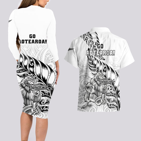 Personalised New Zealand Silver Fern Rugby Couples Matching Off Shoulder Maxi Dress and Long Sleeve Button Shirts Go All Black 2023 World Cup LT14 main image 0