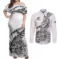 New Zealand Silver Fern Rugby Couples Matching Off Shoulder Maxi Dress and Long Sleeve Button Shirts Aotearoa Kiwi Maori White Version LT01 White - Polynesian Pride