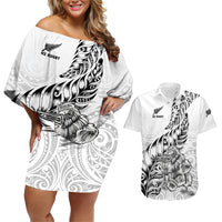 New Zealand Silver Fern Rugby Couples Matching Off Shoulder Short Dress and Hawaiian Shirt Aotearoa Kiwi Maori White Version LT01 White - Polynesian Pride