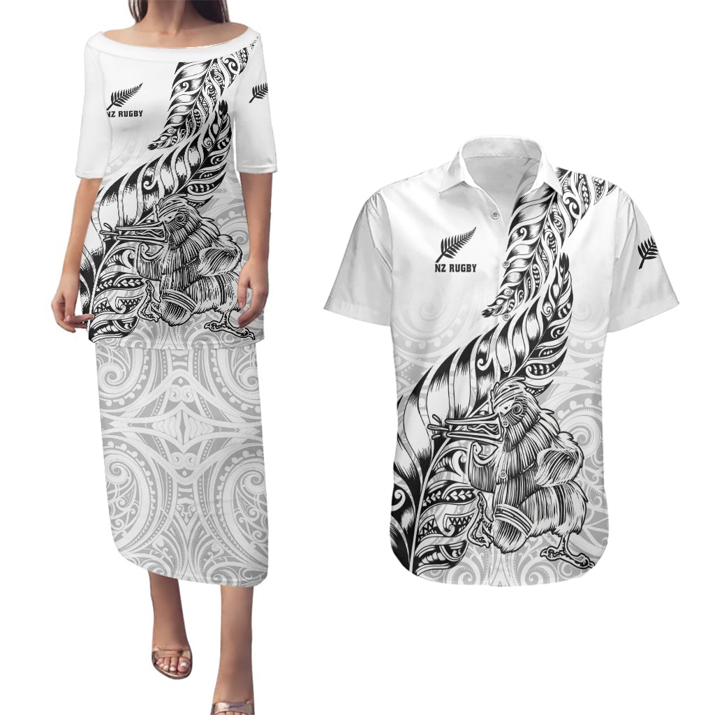 New Zealand Silver Fern Rugby Couples Matching Puletasi Dress and Hawaiian Shirt Aotearoa Kiwi Maori White Version LT01 White - Polynesian Pride
