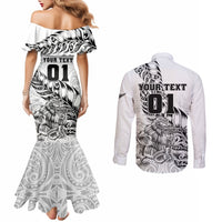 Custom New Zealand Silver Fern Rugby Couples Matching Mermaid Dress and Long Sleeve Button Shirts Aotearoa Kiwi Maori White Version LT01 - Polynesian Pride