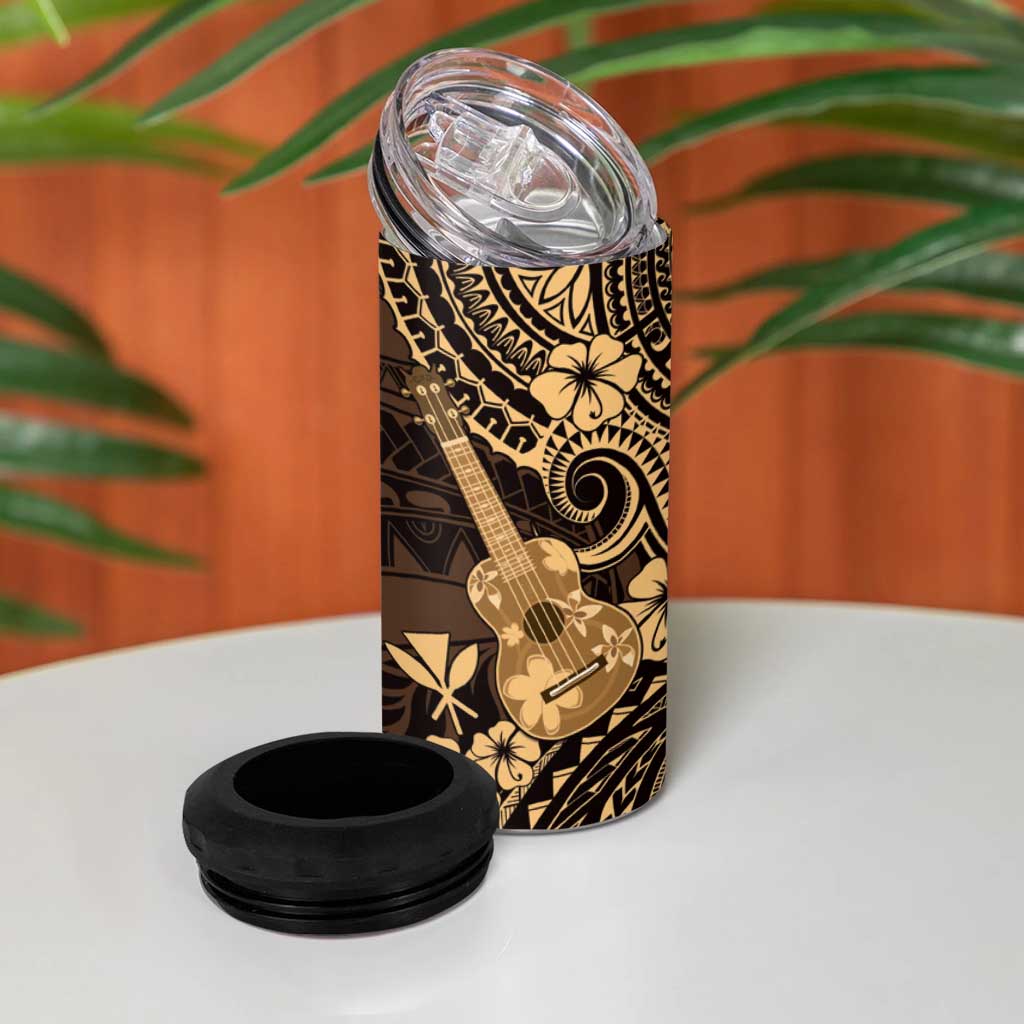 Hawaii Ukulele 4 in 1 Can Cooler Tumbler Polynesian Pattern Gold Version