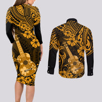Hawaii Ukulele Couples Matching Long Sleeve Bodycon Dress and Long Sleeve Button Shirts Polynesian Pattern Gold Version LT01 - Polynesian Pride