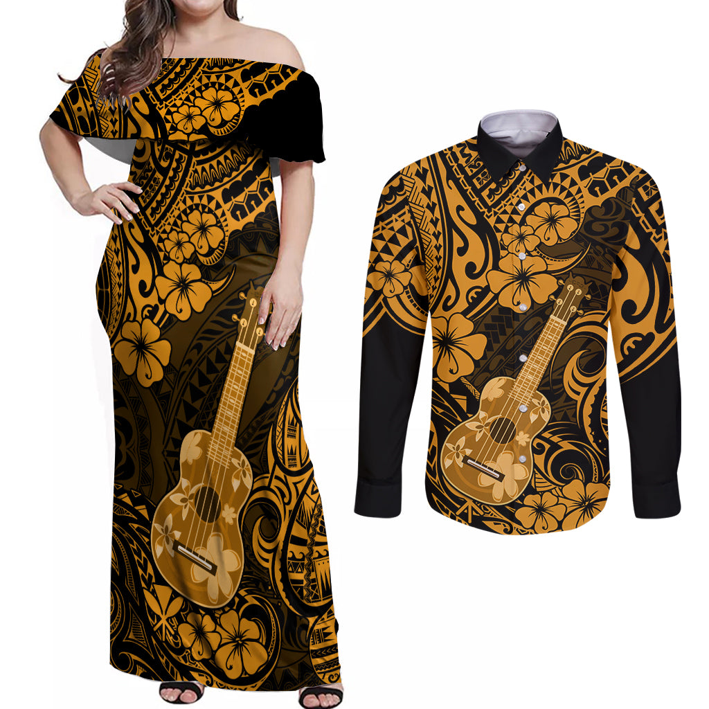 Hawaii Ukulele Couples Matching Off Shoulder Maxi Dress and Long Sleeve Button Shirts Polynesian Pattern Gold Version LT01 Gold - Polynesian Pride