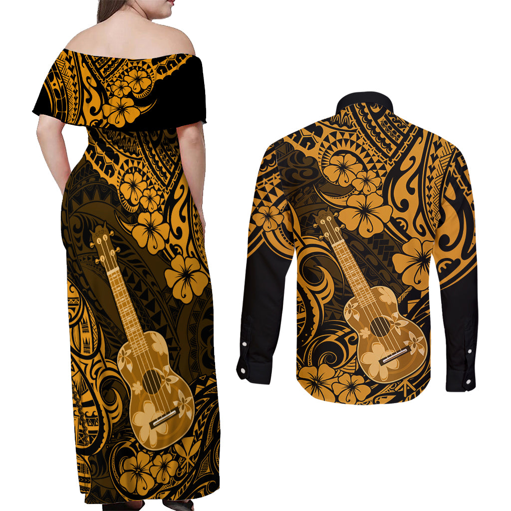 Hawaii Ukulele Couples Matching Off Shoulder Maxi Dress and Long Sleeve Button Shirts Polynesian Pattern Gold Version LT01 - Polynesian Pride